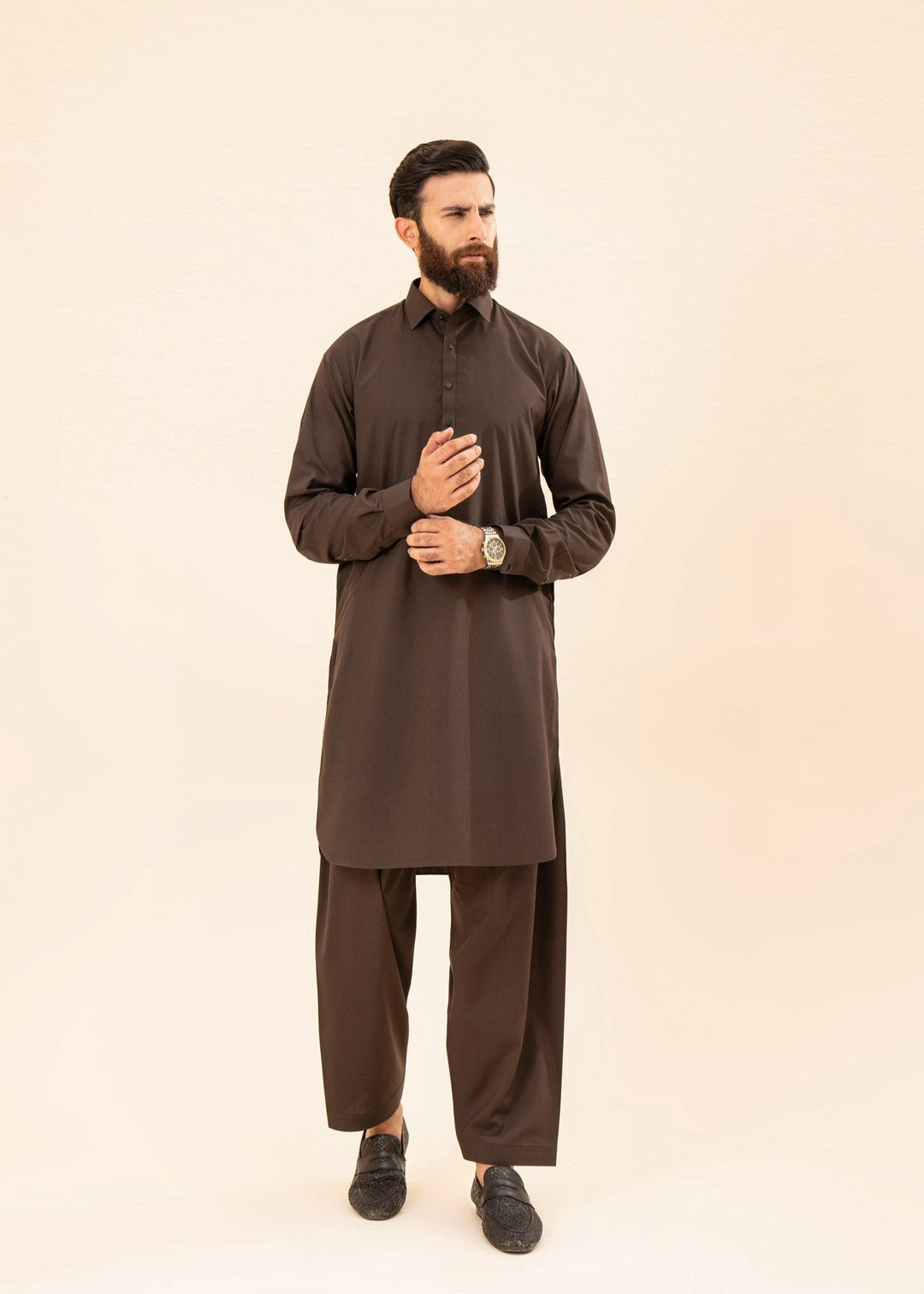 Muraqsh Ready To Wear Solids Cotton Men Dark Brown Kurta Trouser/Shalwar MUR-CBKTHL - Summer Collection