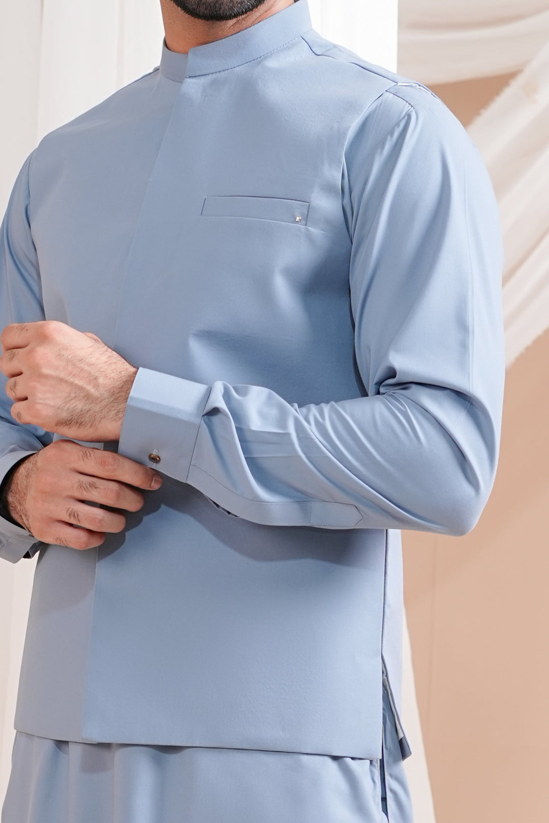 Muraqsh Ready To Wear Solids Cotton Men Sapphire Blue Luxury Blended Waistcoat Straigth Cut MURBLBW - Summer Collection