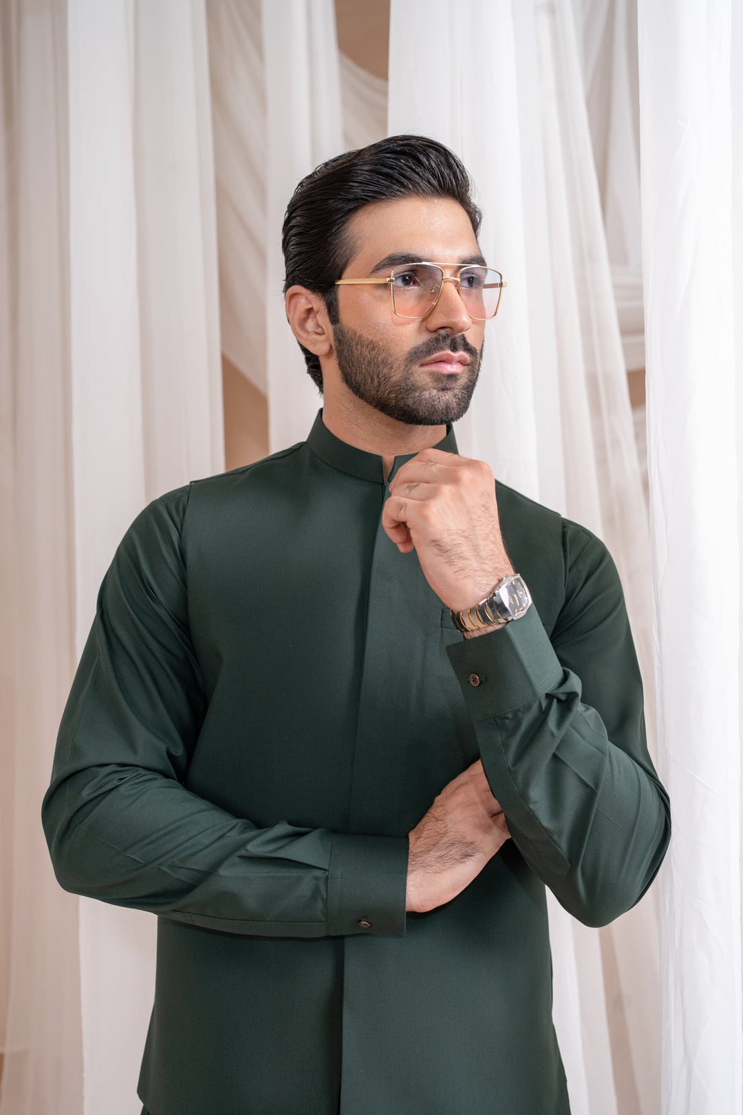 Muraqsh Ready To Wear Solids Cotton Men Bottle Green Luxury Formal Kameez Shalwar with Blended Waistcoat Straight Cut MUR-BGLFK - Summer Collection