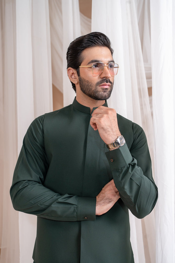 Muraqsh Ready To Wear Solids Cotton Men Bottle Green Luxury Formal Kameez Shalwar with Blended Waistcoat Straight Cut MUR-BGLFK - Summer Collection