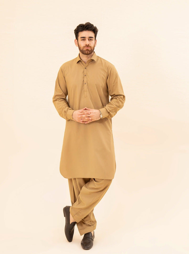 Muraqsh Ready To Wear Solids Cotton Men Camel French Collar Kameez Shalwar MUR-CFCKS - Summer Collection