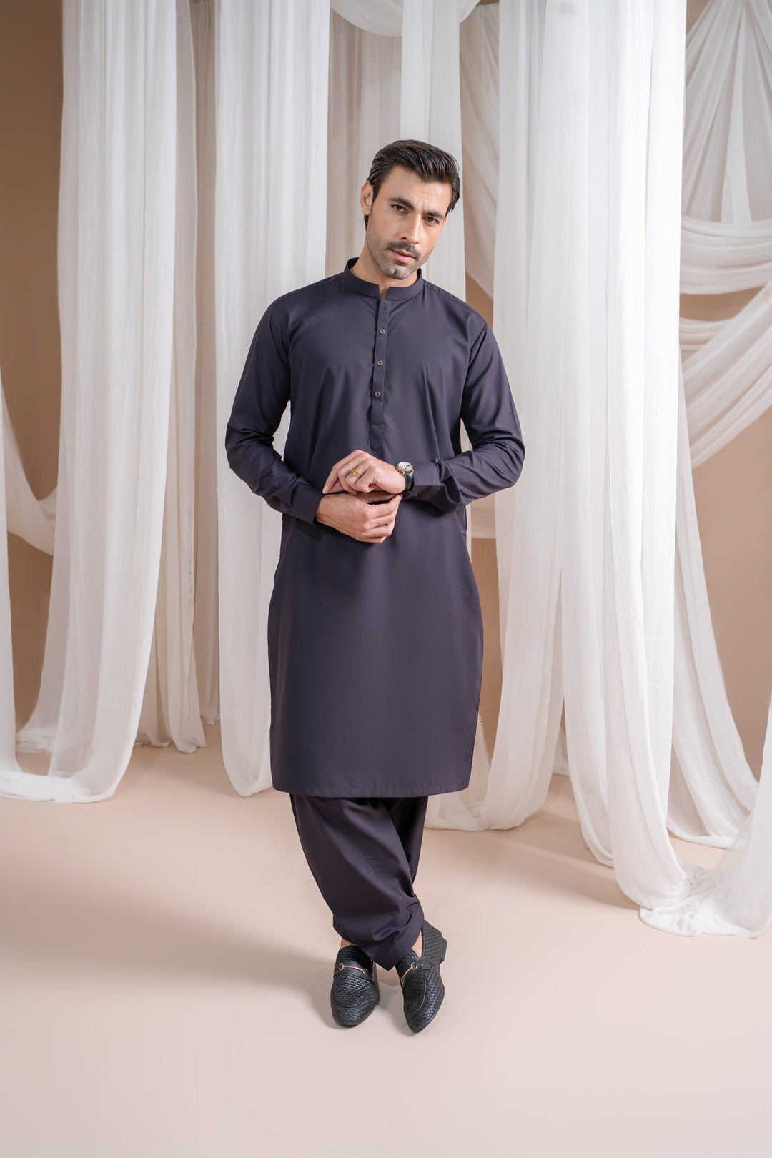 Muraqsh Ready To Wear Solids Cotton Men Deep Burgundy Luxury Blended Kurta Shalwar MUR-DBLBK - Summer Collection