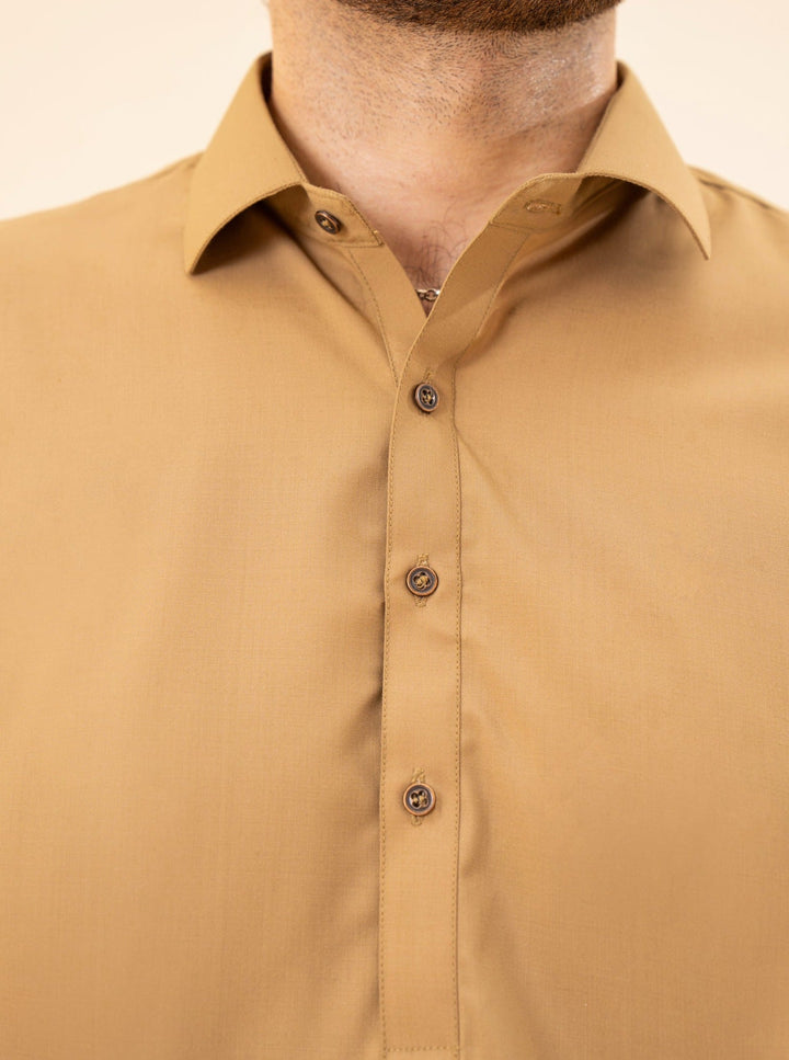Muraqsh Ready To Wear Solids Cotton Men Camel French Collar Kameez Shalwar MUR-CFCKS - Summer Collection