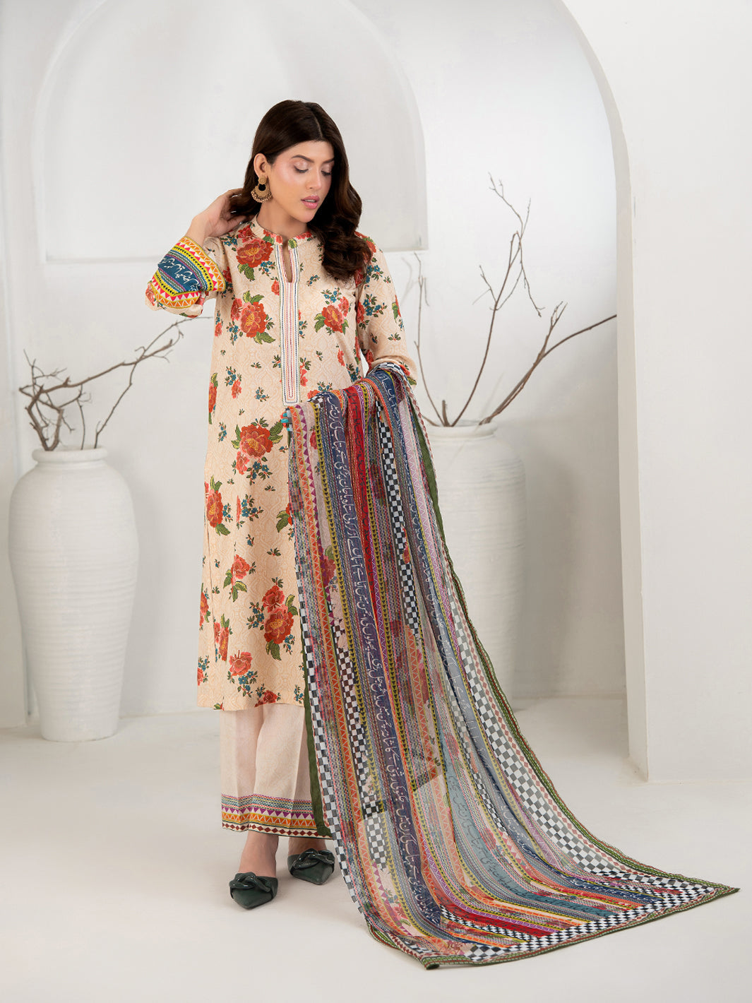 TNG Women Luxury Pret Printed Cambric 3 Piece Suit Gul Bahar Peach - Casual Collection