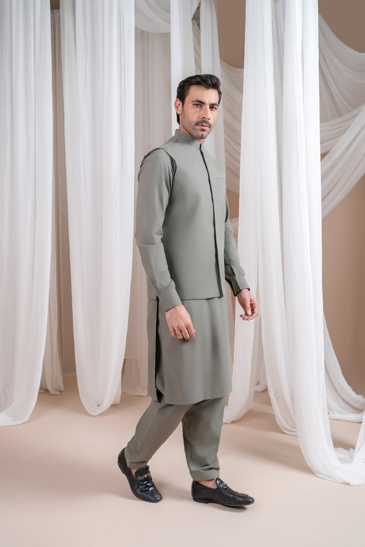 Muraqsh Ready To Wear Solids Cotton Men Sand Grey Luxury Formal Kameez Shalwar with Blended Waistcoat Straight Cut MURGLFK - Summer Collection