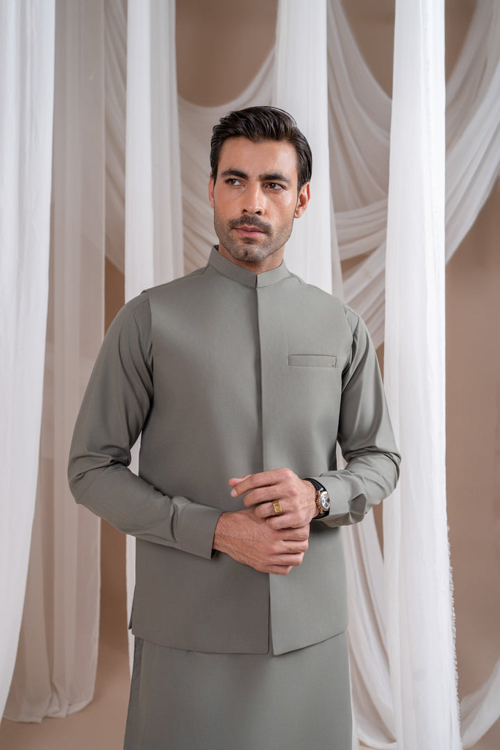 Muraqsh Ready To Wear Solids Cotton Men Sand Grey Luxury Formal Kameez Shalwar with Blended Waistcoat Straight Cut MURGLFK - Summer Collection