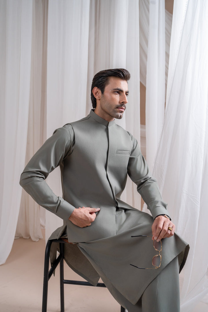Muraqsh Ready To Wear Solids Cotton Men Sand Grey Luxury Formal Kameez Shalwar with Blended Waistcoat Straight Cut MURGLFK - Summer Collection
