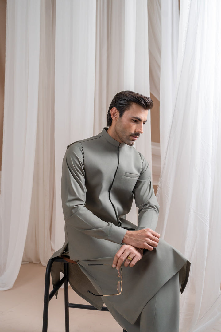 Muraqsh Ready To Wear Solids Cotton Men Sand Grey Luxury Formal Kameez Shalwar with Blended Waistcoat Straight Cut MURGLFK - Summer Collection