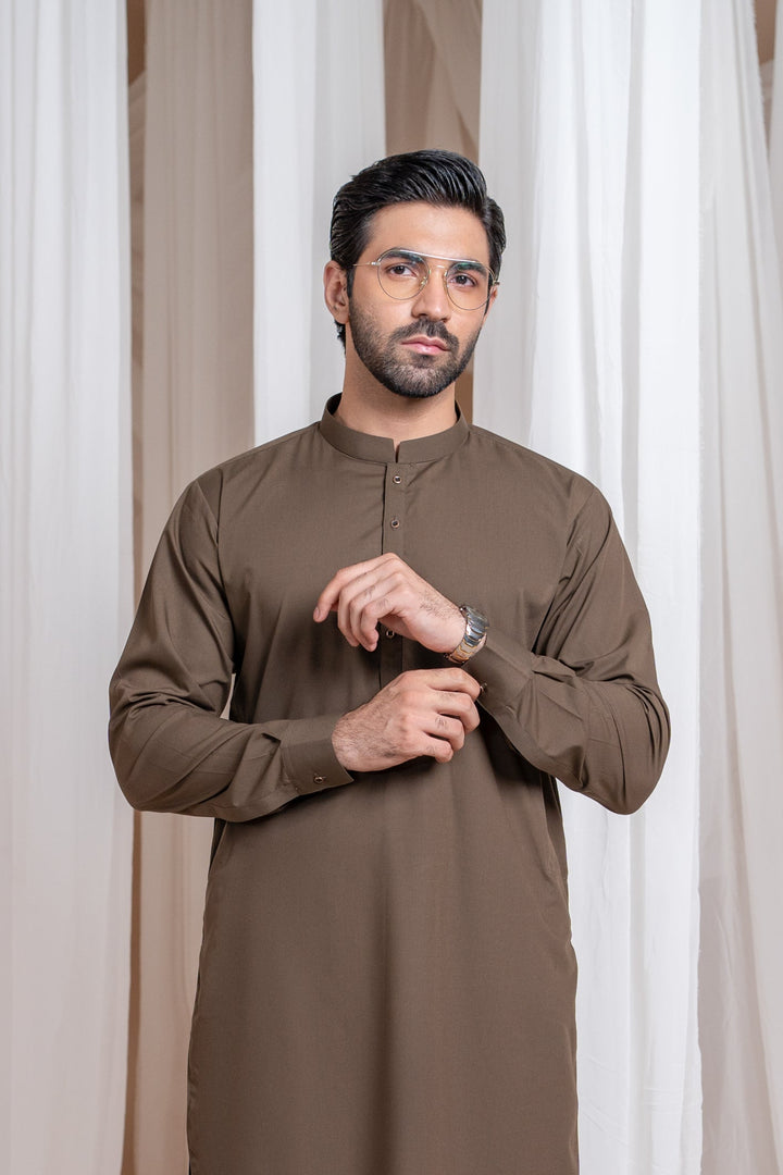 Muraqsh Ready To Wear Solids Cotton Men Light Brown Luxury Blended Kurta Shalwar MURBLBK - Summer Collection