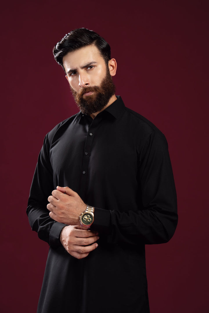 Muraqsh Ready To Wear Solids Cotton Men Black French Collar Kameez Shalwar MUR-BFCKS - Summer Collection