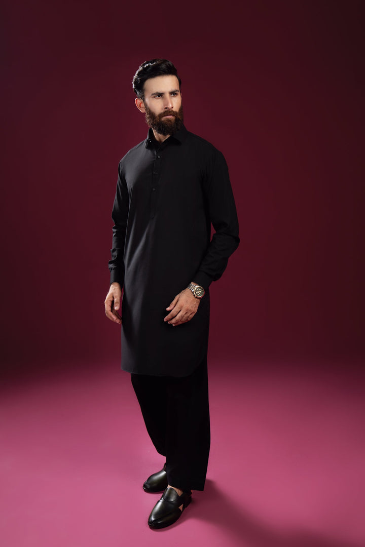 Muraqsh Ready To Wear Solids Cotton Men Black French Collar Kameez Shalwar MUR-BFCKS - Summer Collection
