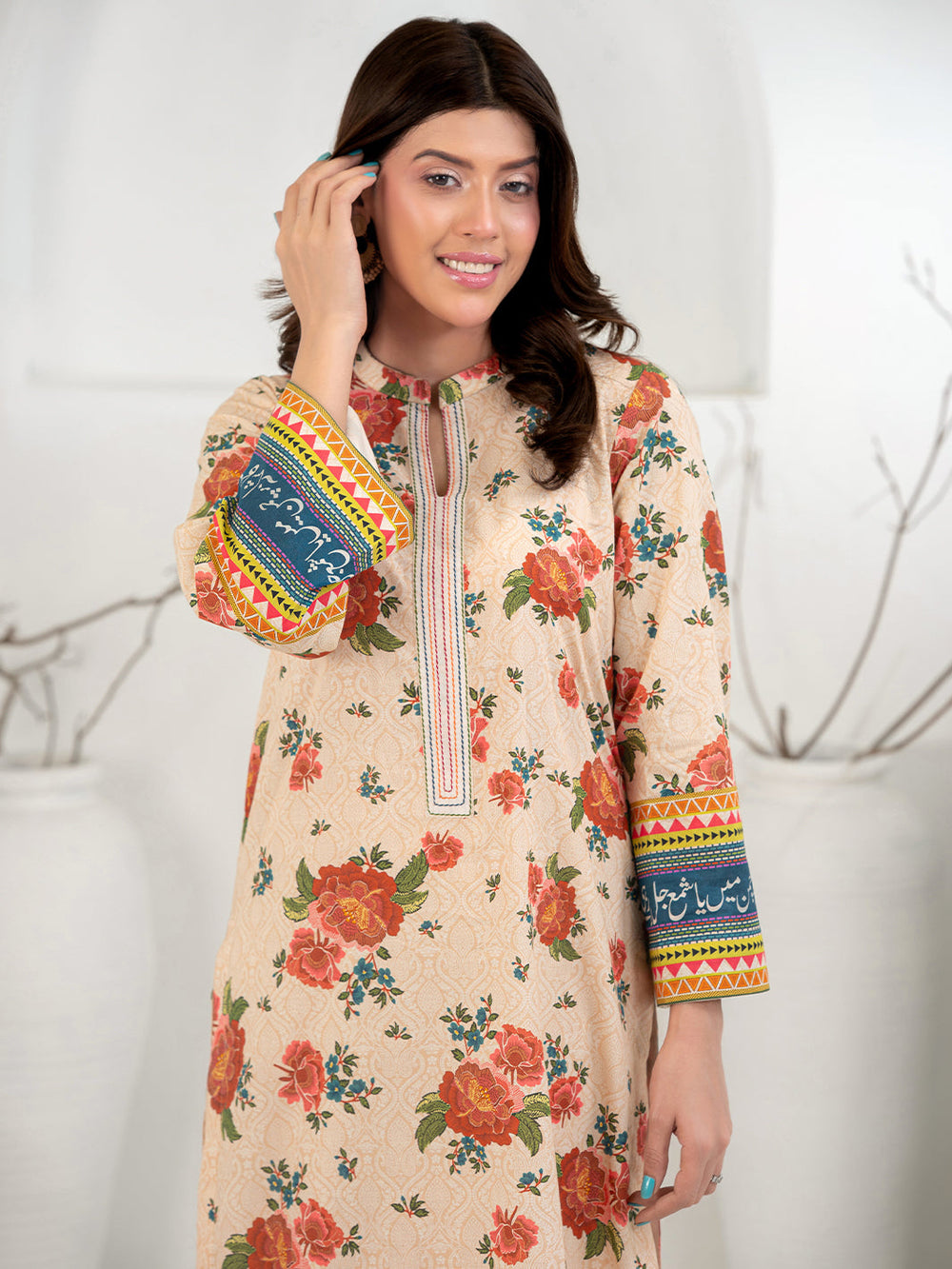 TNG Women Luxury Pret Printed Cambric 3 Piece Suit Gul Bahar Peach - Casual Collection