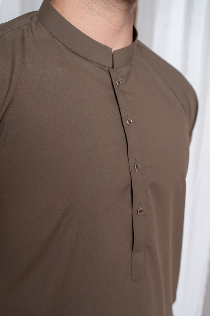 Muraqsh Ready To Wear Solids Cotton Men Light Brown Luxury Blended Kurta Shalwar MURBLBK - Summer Collection