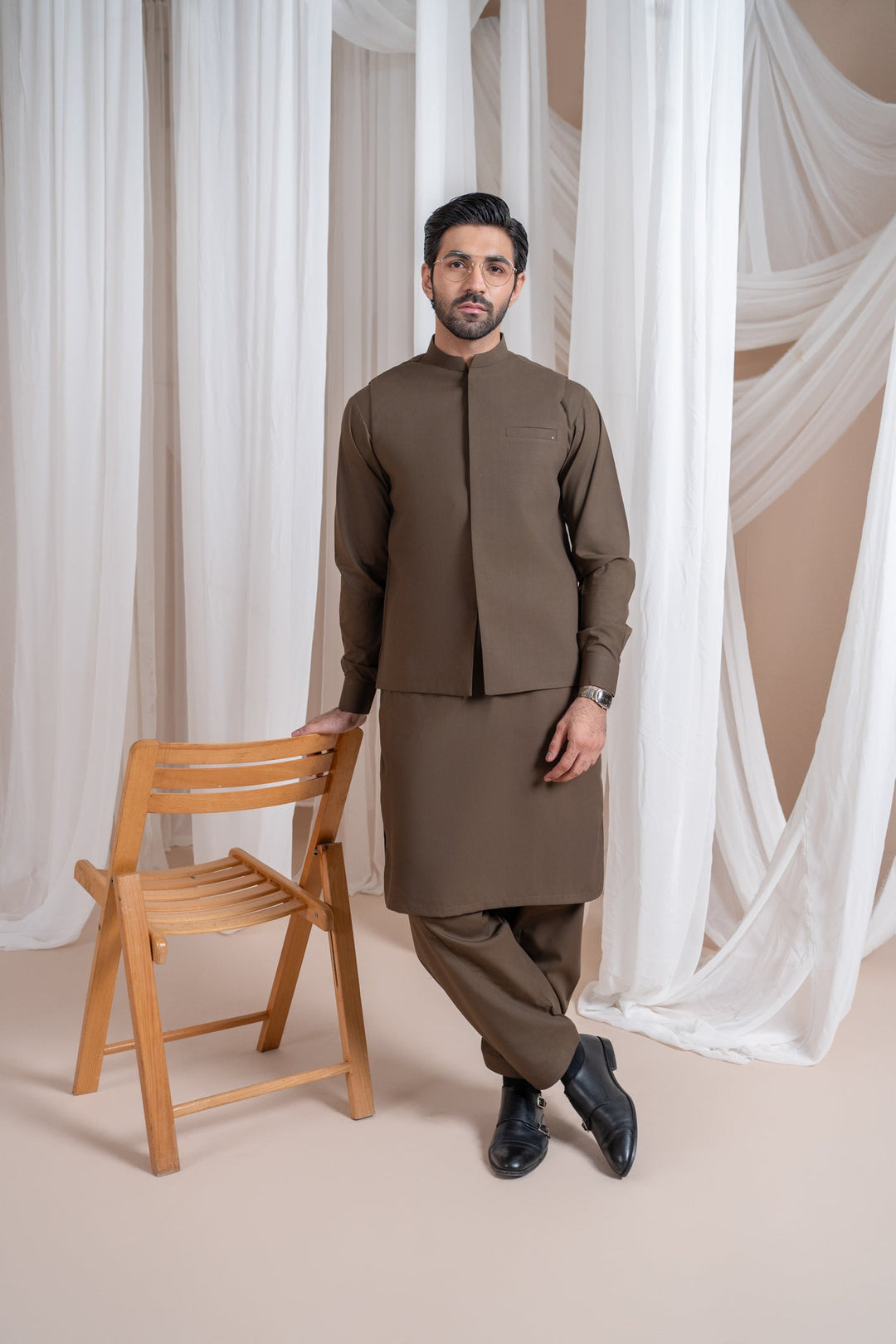 Muraqsh Ready To Wear Solids Cotton Men Light Brown Luxury Formal Kameez Shalwar with Blended Waistcoat Straight Cut MURBLFK - Summer Collection