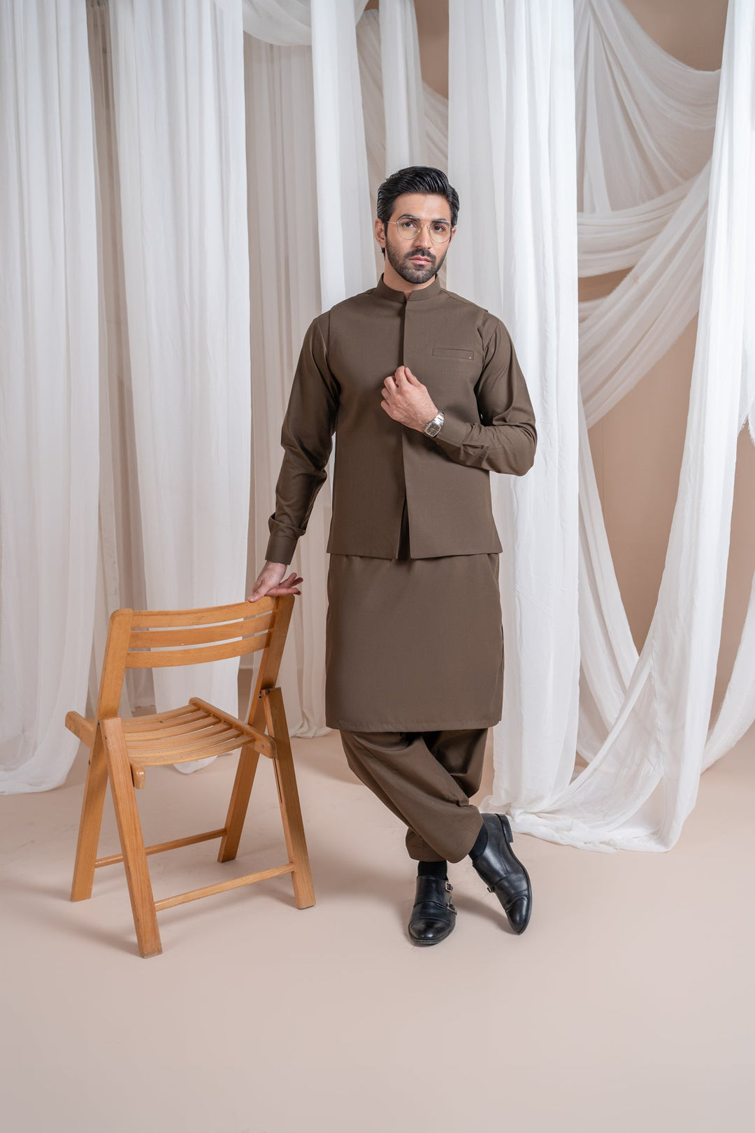 Muraqsh Ready To Wear Solids Cotton Men Light Brown Luxury Formal Kameez Shalwar with Blended Waistcoat Straight Cut MURBLFK - Summer Collection