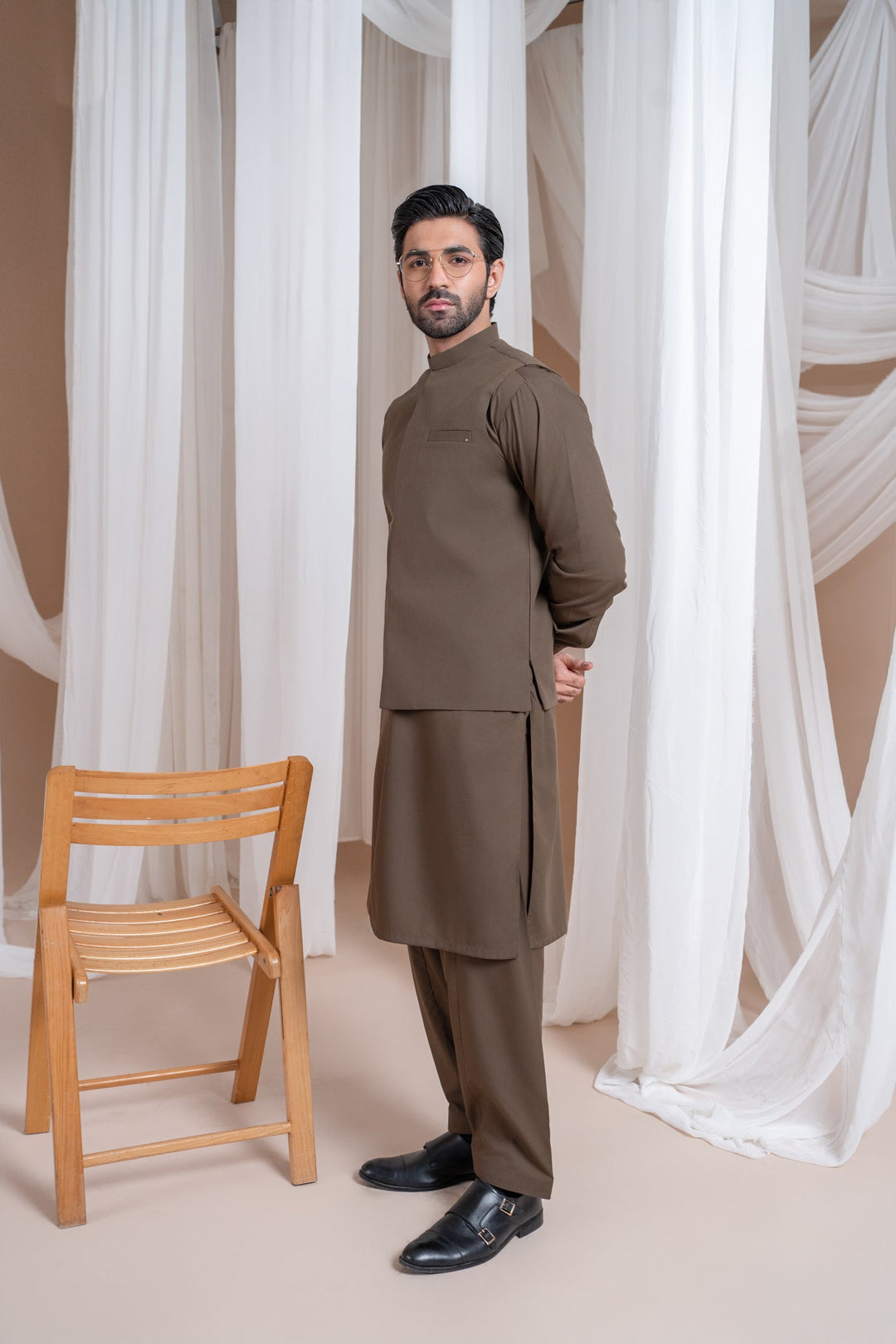 Muraqsh Ready To Wear Solids Cotton Men Light Brown Luxury Formal Kameez Shalwar with Blended Waistcoat Straight Cut MURBLFK - Summer Collection