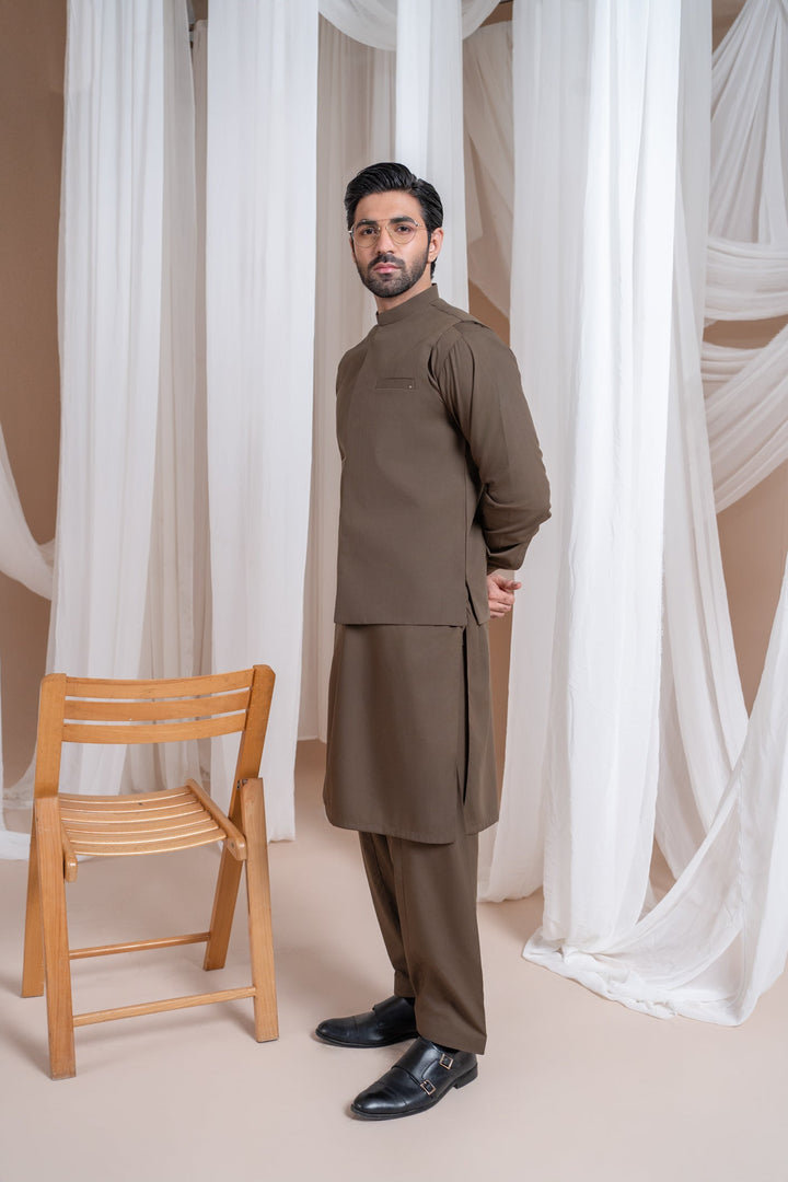 Muraqsh Ready To Wear Solids Cotton Men Light Brown Luxury Formal Kameez Shalwar with Blended Waistcoat Straight Cut MURBLFK - Summer Collection