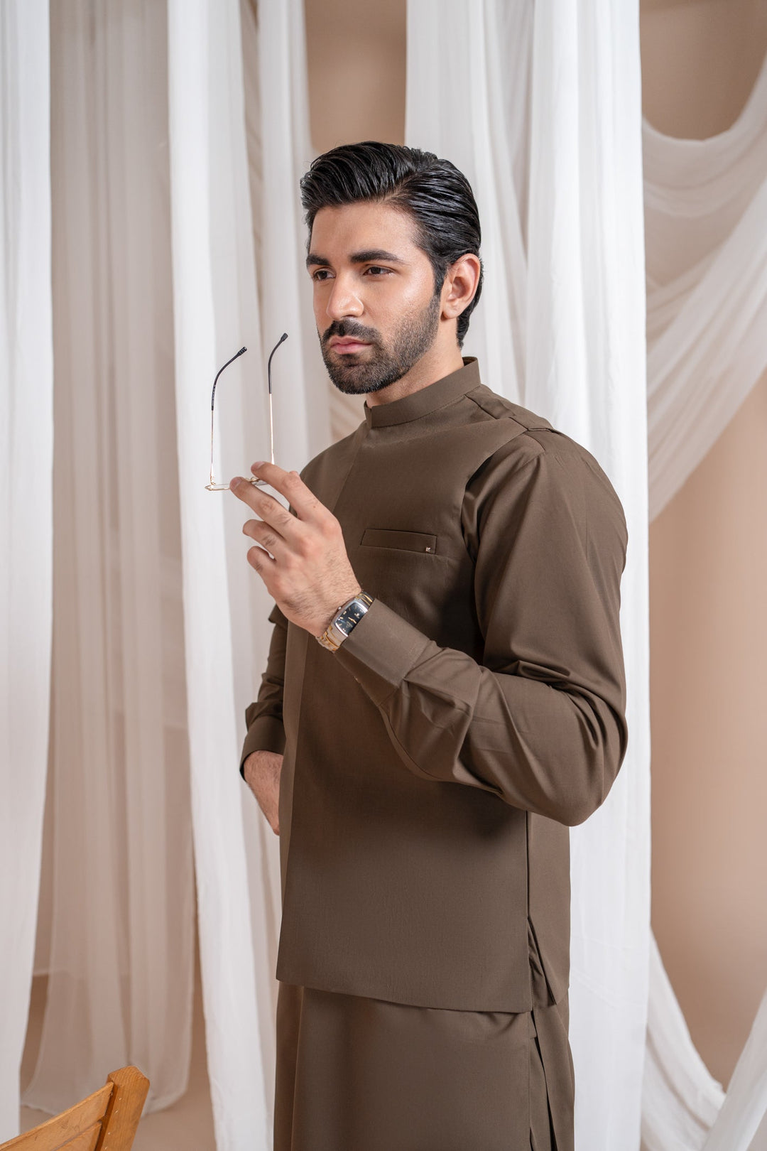 Muraqsh Ready To Wear Solids Cotton Men Light Brown Luxury Formal Kameez Shalwar with Blended Waistcoat Straight Cut MURBLFK - Summer Collection