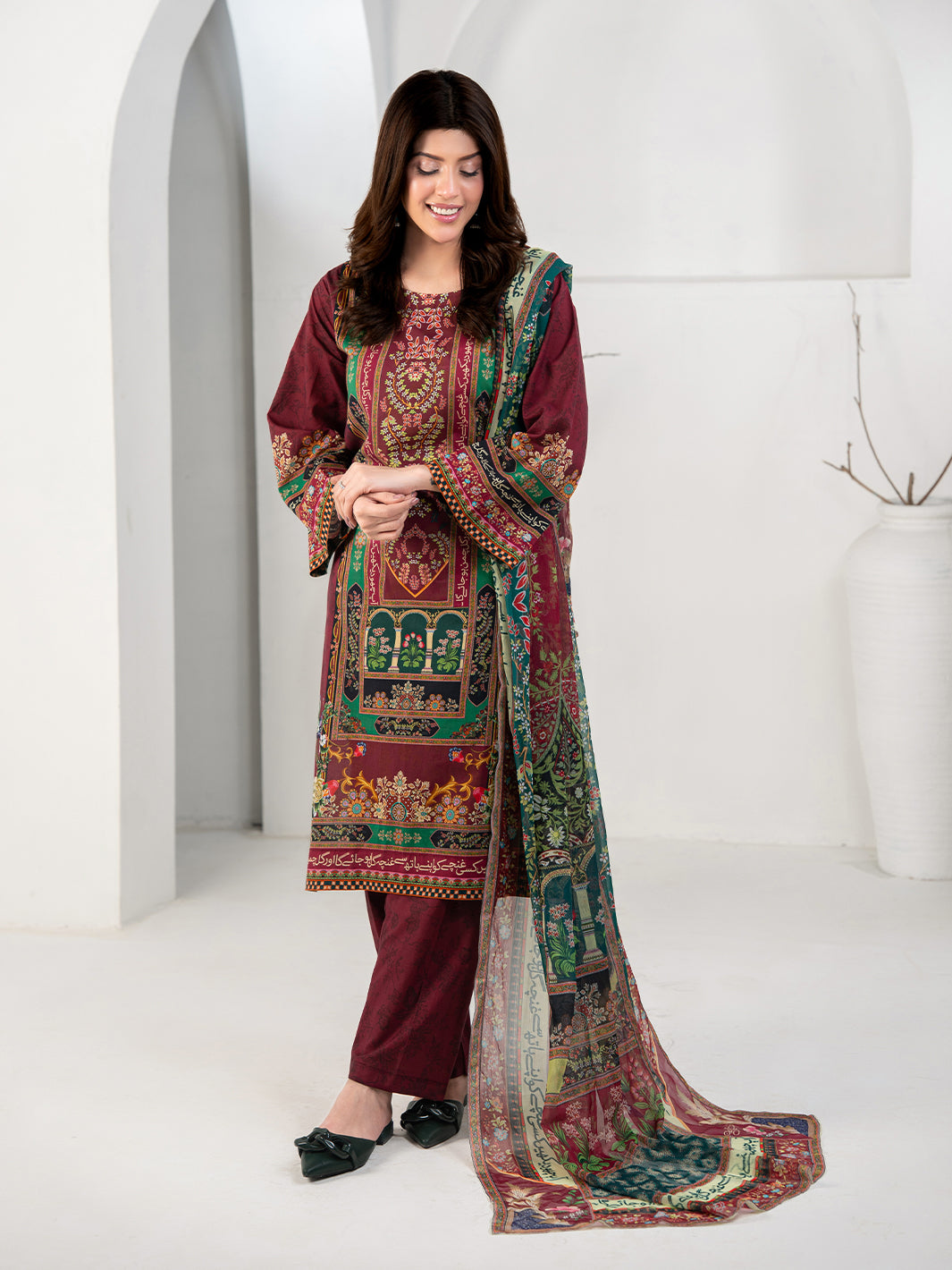 TNG Women Luxury Pret Printed Cambric 3 Piece Suit Gulposh Maroon - Casual Collection