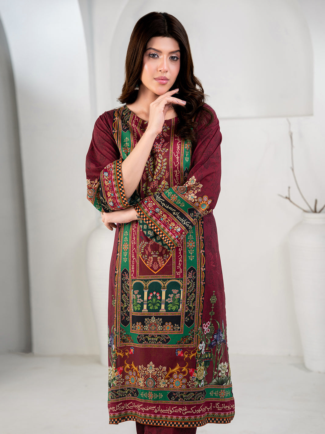 TNG Women Luxury Pret Printed Cambric 3 Piece Suit Gulposh Maroon - Casual Collection