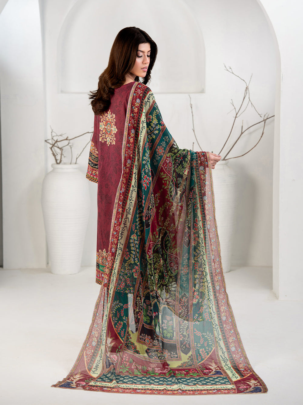 TNG Women Luxury Pret Printed Cambric 3 Piece Suit Gulposh Maroon - Casual Collection