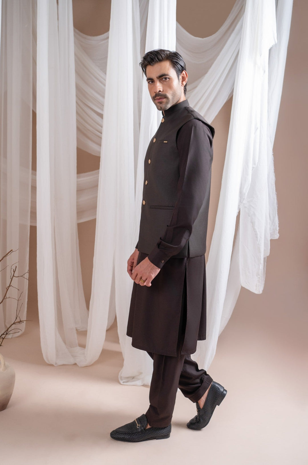 Muraqsh Ready To Wear Solids Cotton Men Dark Brown Kurta Shalwar with Suiting Waistcoat Straight Cut MUR-DBKSW-KT - Summer Collection