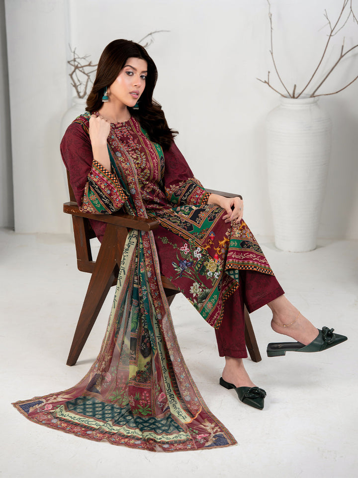 TNG Women Luxury Pret Printed Cambric 3 Piece Suit Gulposh Maroon - Casual Collection