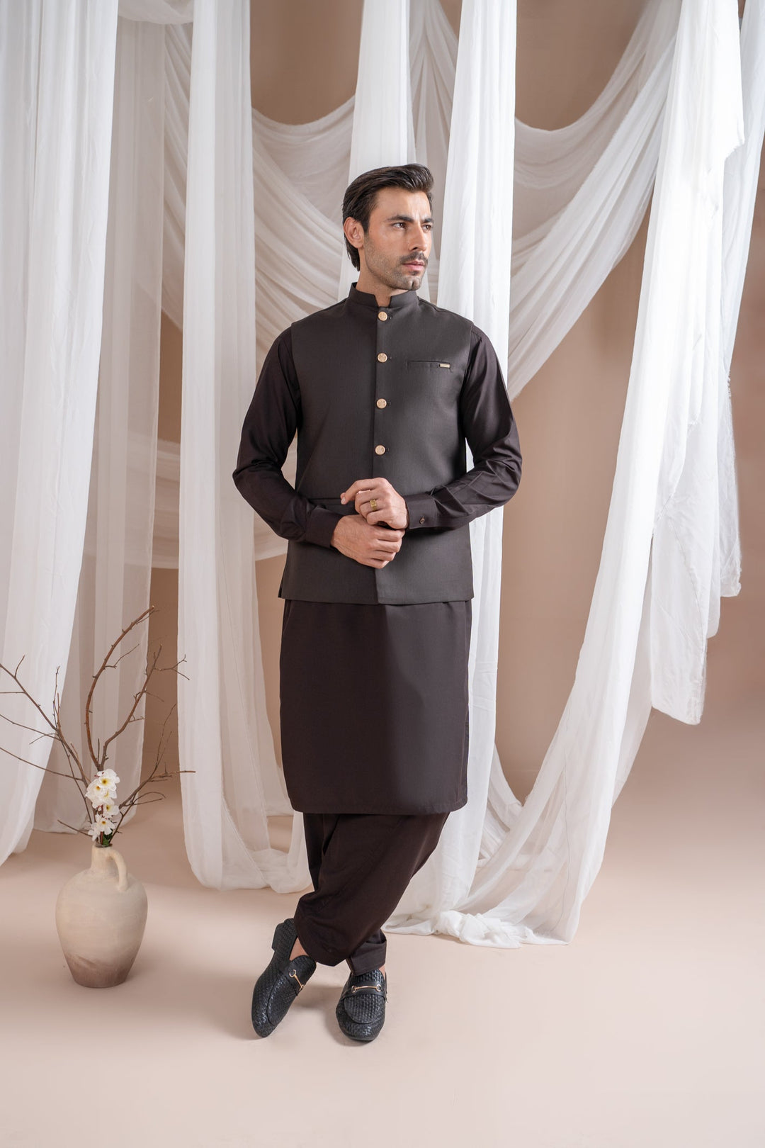 Muraqsh Ready To Wear Solids Cotton Men Dark Brown Suiting Waistcoat Straight Cut Buttoned MUR-DBSW - Summer Collection