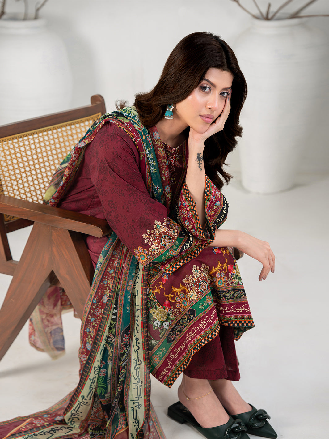TNG Women Luxury Pret Printed Cambric 3 Piece Suit Gulposh Maroon - Casual Collection