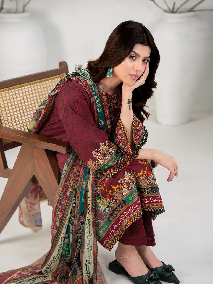 TNG Women Luxury Pret Printed Cambric 3 Piece Suit Gulposh Maroon - Casual Collection