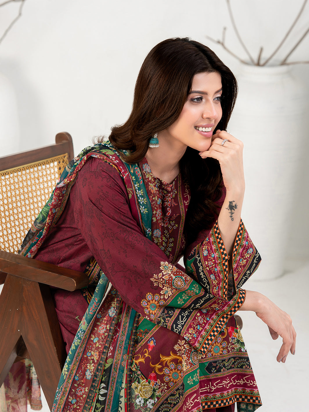 TNG Women Luxury Pret Printed Cambric 3 Piece Suit Gulposh Maroon - Casual Collection
