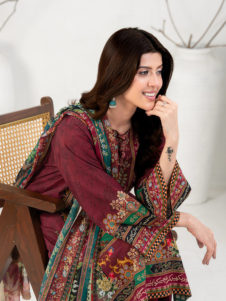 TNG Women Luxury Pret Printed Cambric 3 Piece Suit Gulposh Maroon - Casual Collection