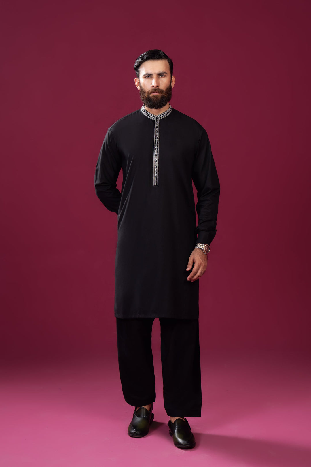 Muraqsh Ready To Wear  Cotton Men Formal Black Kurta Shalwar Falling Collar Neck Embroidered MUR-FBKS - Summer Collection