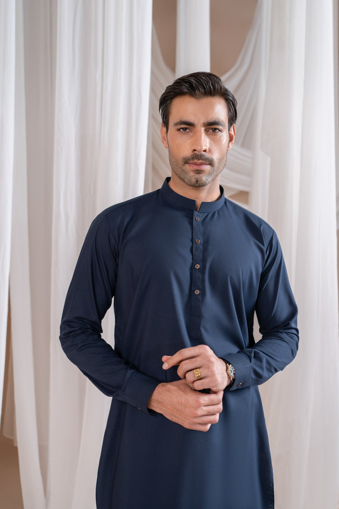 Muraqsh Ready To Wear Solids Cotton Men Navy Blue Kurta Trouser/Shalwar MUR-N-NHL - Summer Collection