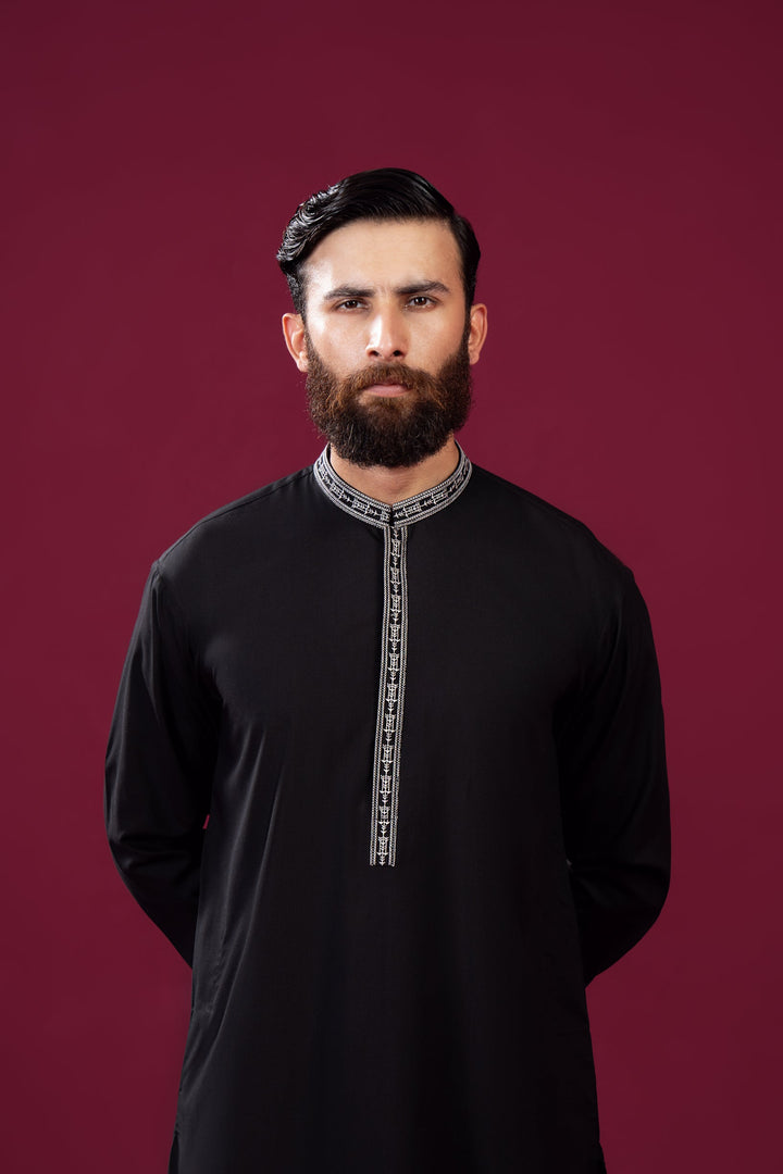 Muraqsh Ready To Wear  Cotton Men Formal Black Kurta Shalwar Falling Collar Neck Embroidered MUR-FBKS - Summer Collection