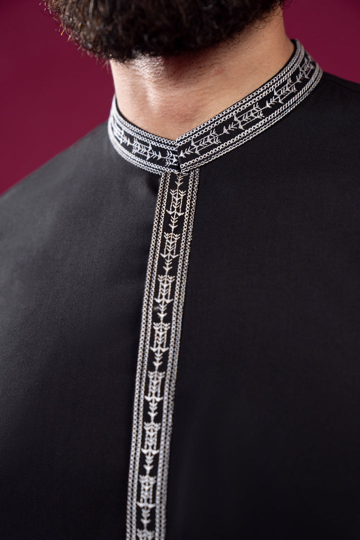 Muraqsh Ready To Wear  Cotton Men Formal Black Kurta Shalwar Falling Collar Neck Embroidered MUR-FBKS - Summer Collection
