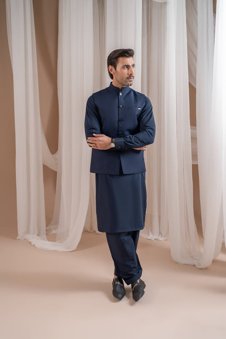 Muraqsh Ready To Wear Solids Cotton Men Navy Blue Kurta Shalwar with Suiting Waistcoat Straight Cut MUR-NBKSW-KT - Summer Collection