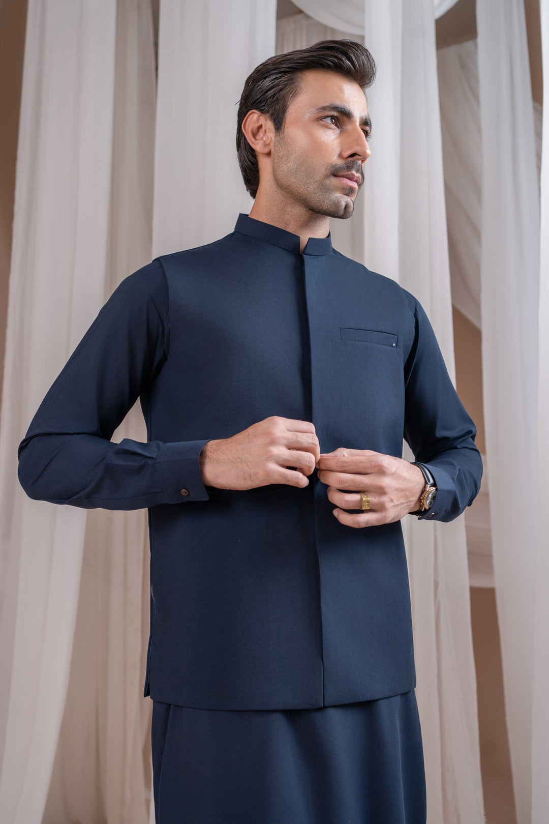 Muraqsh Ready To Wear Solids Cotton Men Navy Blue Formal Kameez Shalwar with Blended Waistcoat Straight Cut MUR-NBFKS - Summer Collection