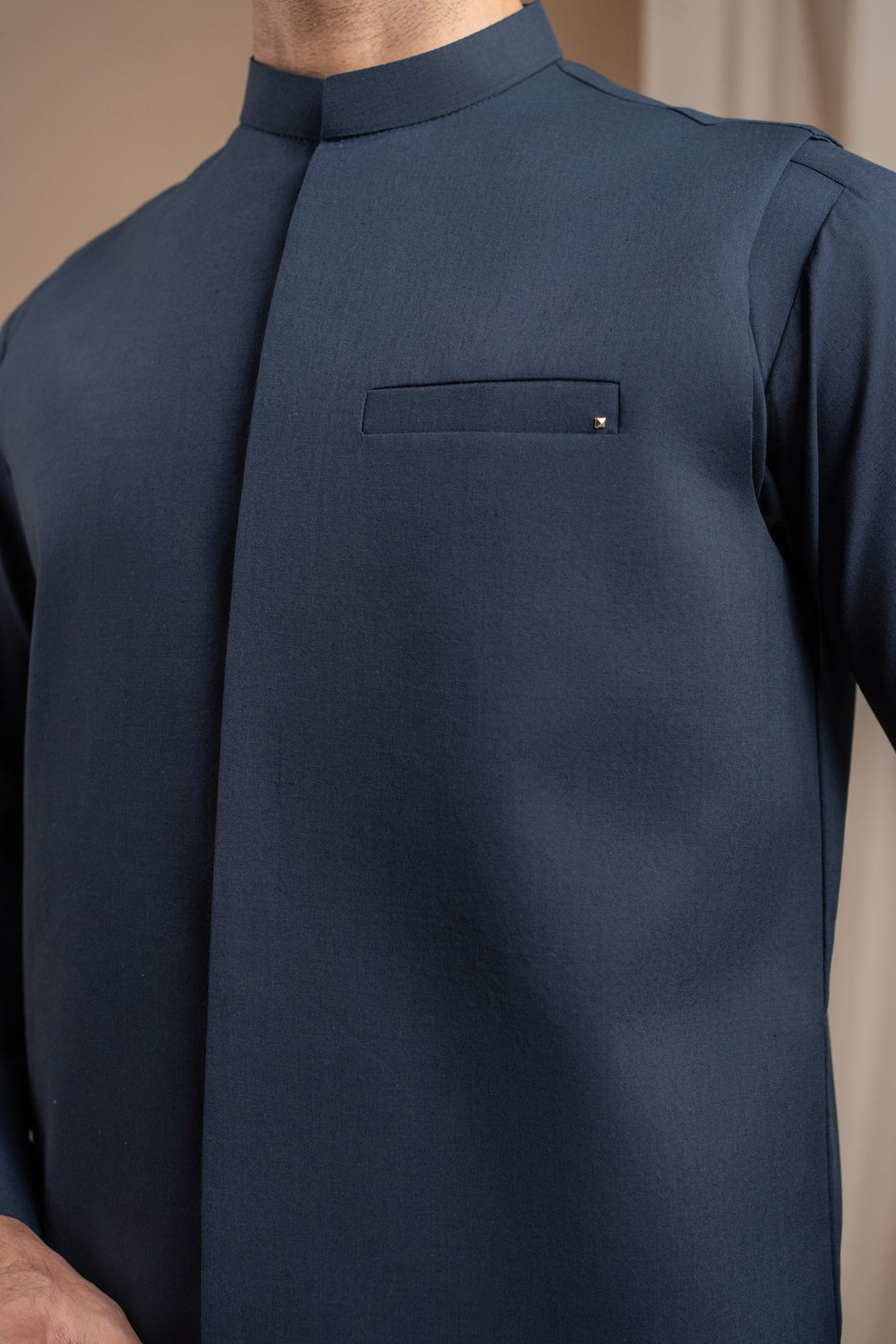 Muraqsh Ready To Wear Solids Cotton Men Navy Blue Blended Waistcoat Straigth Cut MUR-NBBW - Summer Collection