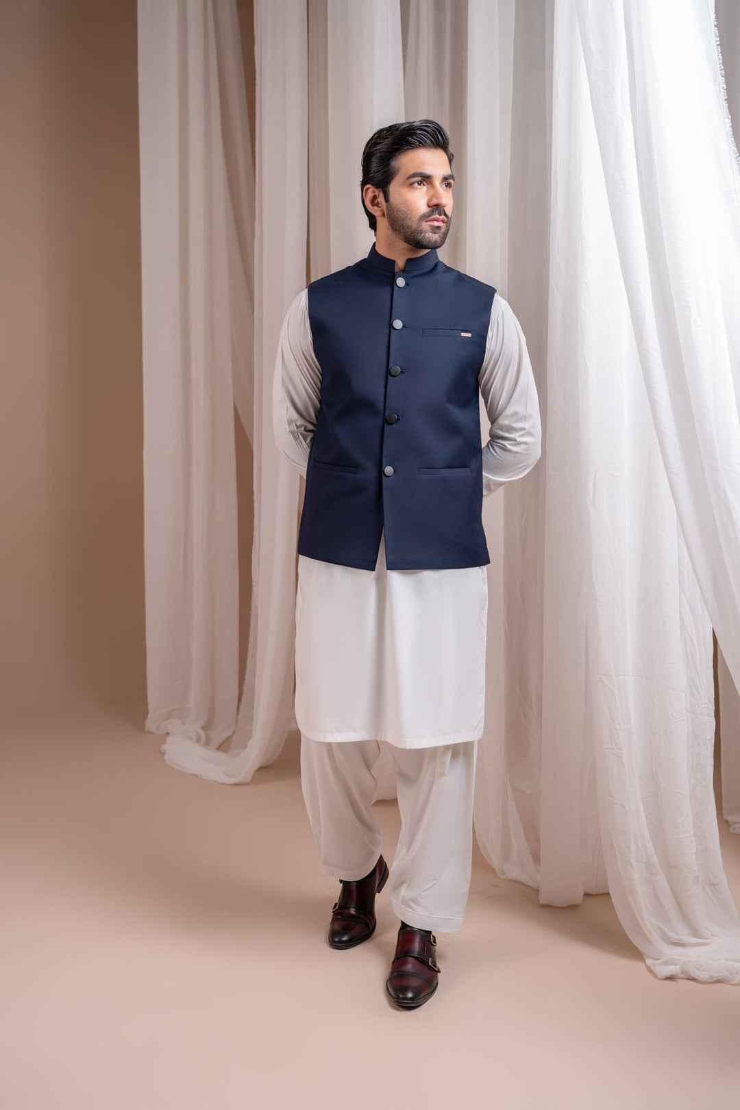 Muraqsh Ready To Wear Solids Cotton Men Off White Kurta Shalwar with Navy Blue Suiting Waistcoat Straight Cut MUR-OWKSW-KT - Summer Collection