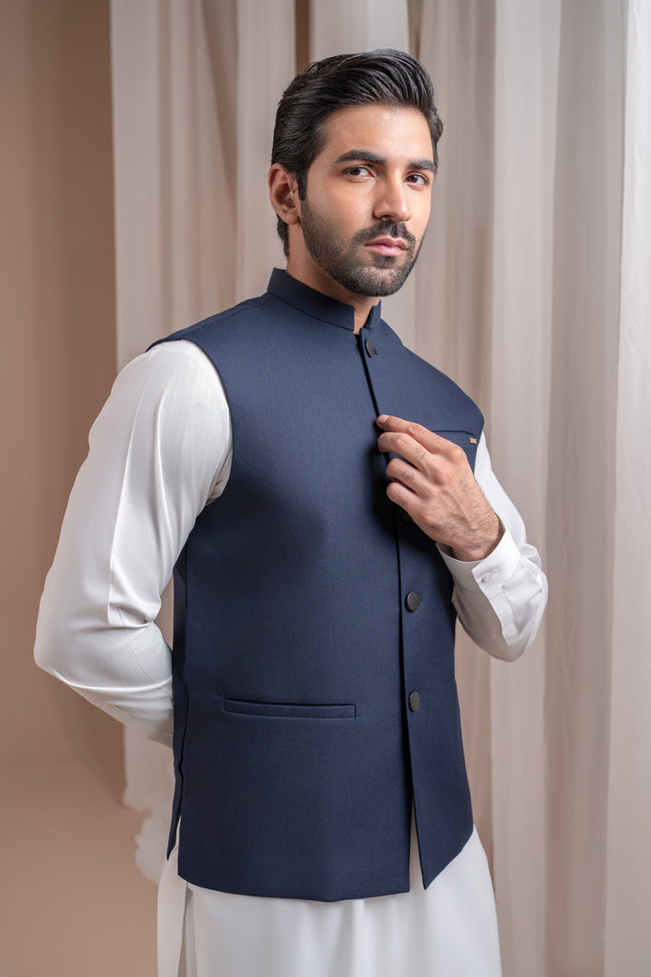 Muraqsh Ready To Wear Solids Cotton Men Off White Kurta Shalwar with Navy Blue Suiting Waistcoat Straight Cut MUR-OWKSW-KT - Summer Collection