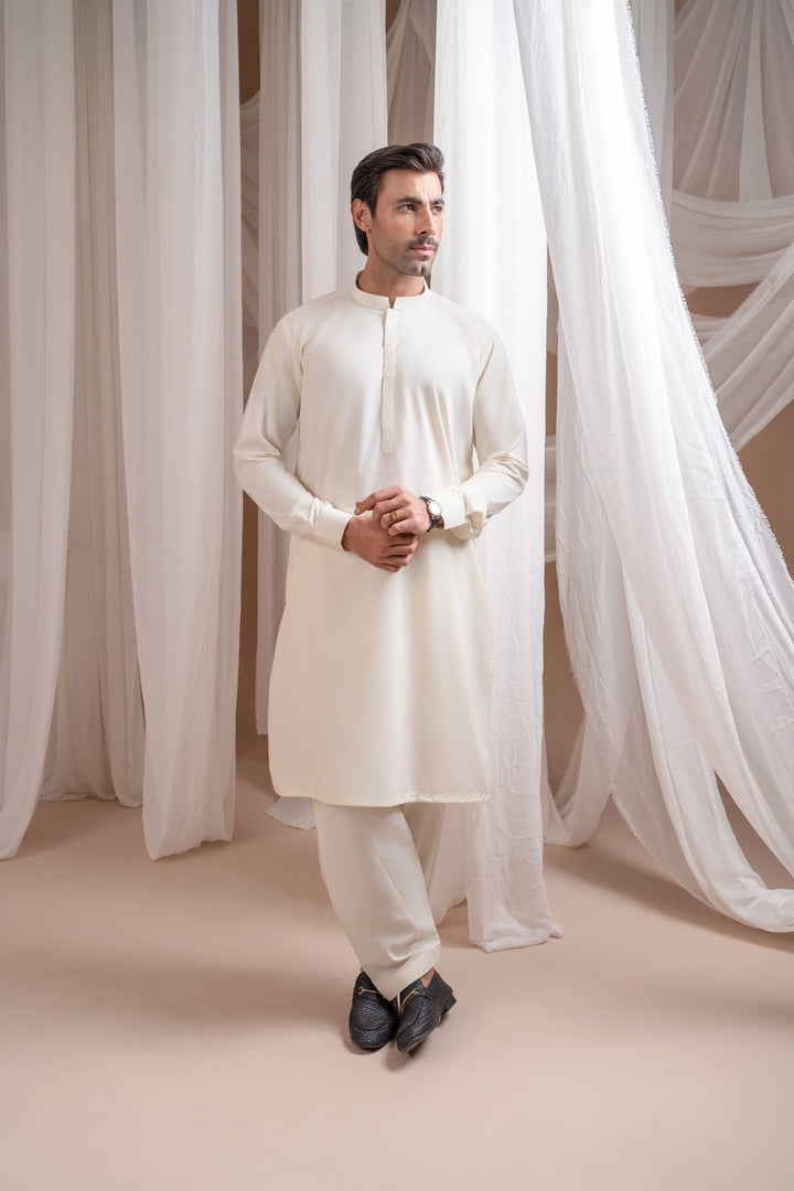 Muraqsh Ready To Wear Solids  Men Bosky White Kurta Trouser/Shalwar MUR-BWKT-HL - Summer Collection