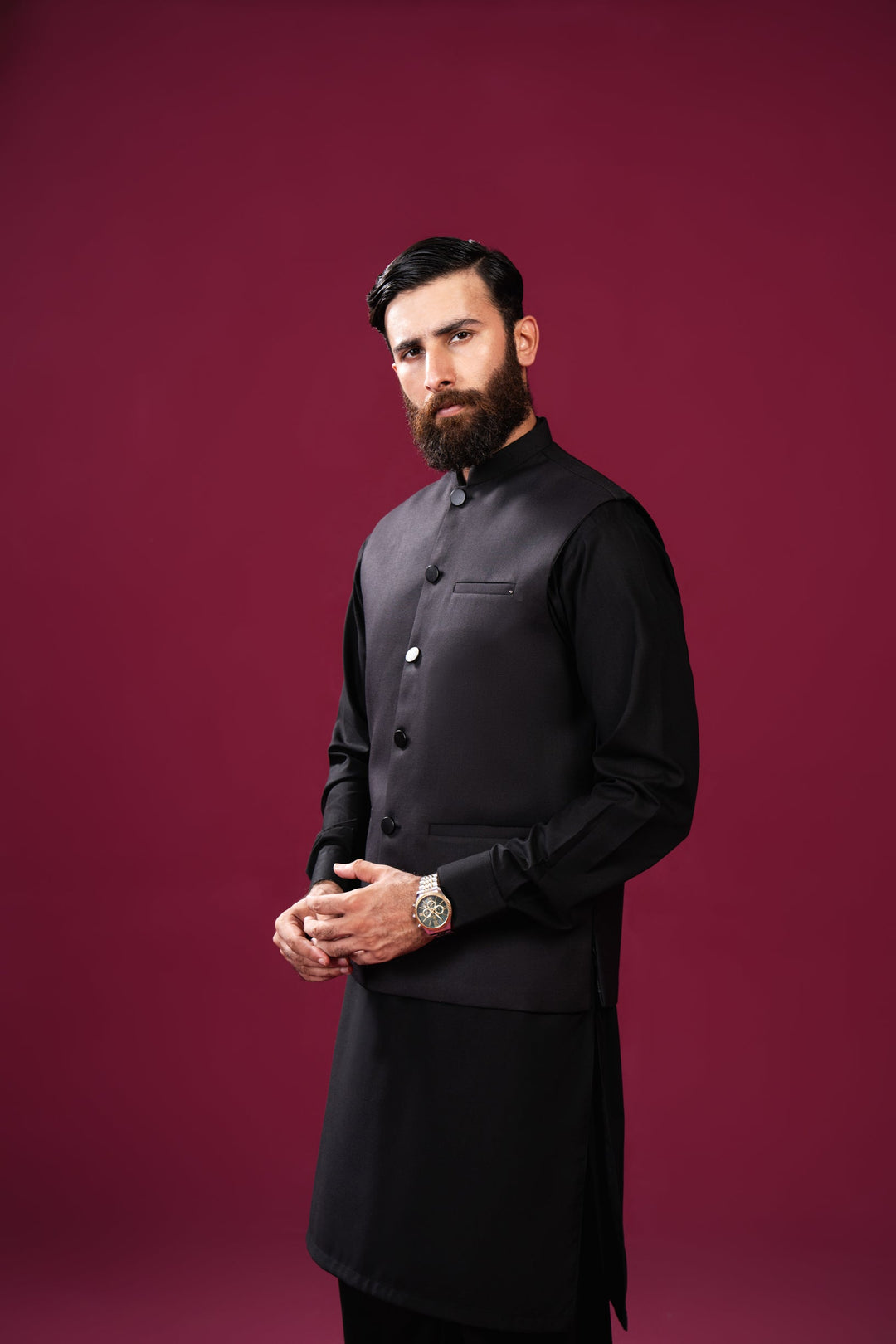 Muraqsh Ready To Wear Solids Cotton Men Black Kameez Shalwar with Suiting Waistcoat Straight Cut MUR-BKSWS-KT - Summer Collection