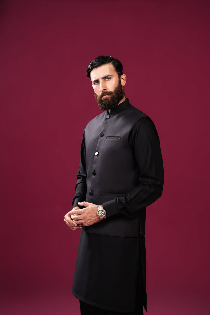 Muraqsh Ready To Wear Solids Cotton Men Black Suiting Waistcoat Straight Cut Buttoned MUR-BSW - Summer Collection