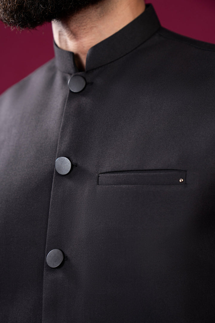 Muraqsh Ready To Wear Solids Cotton Men Black Suiting Waistcoat Straight Cut Buttoned MUR-BSW - Summer Collection