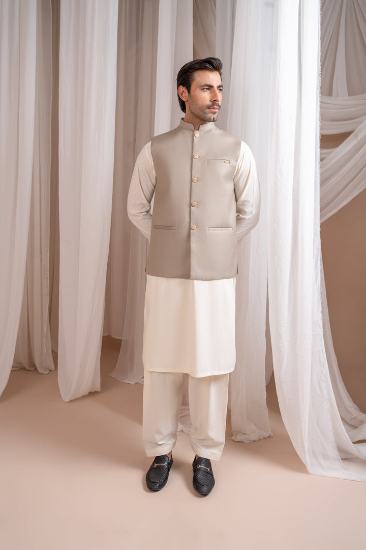 Muraqsh Ready To Wear Solids Cotton Men Beige Suiting Waistcoat Straight Cut Buttoned MUR-BSW - Summer Collection