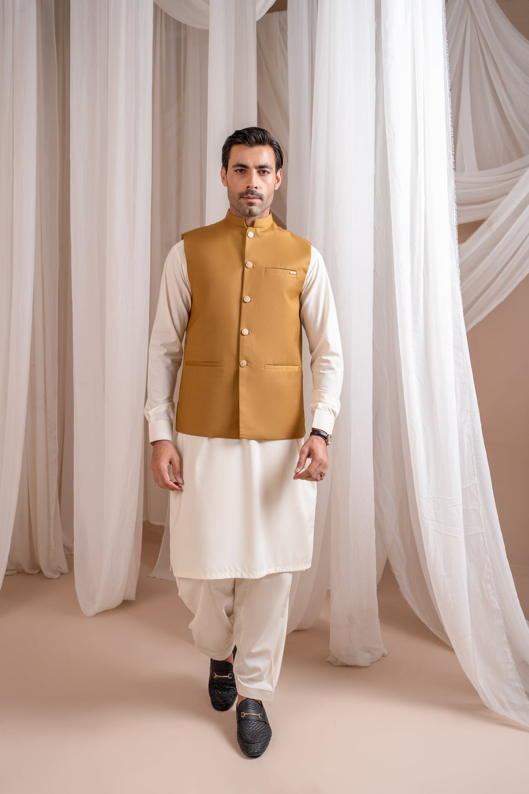 Muraqsh Ready To Wear Solids Cotton Men Camel Suiting Waistcoat Straight Cut Buttoned MUR-CSW - Summer Collection