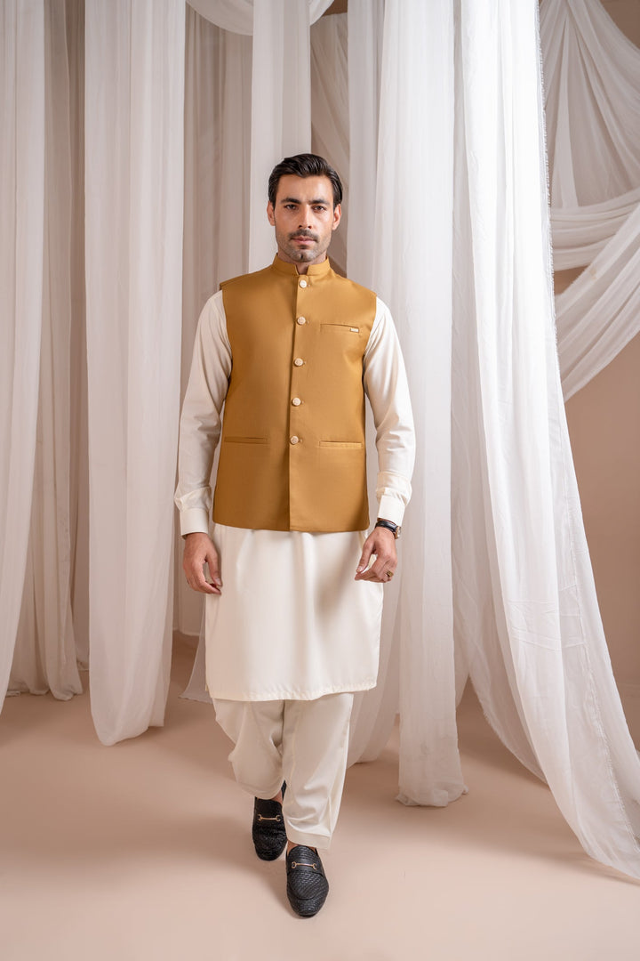 Muraqsh Ready To Wear Solids Cotton Men Camel Suiting Waistcoat Straight Cut Buttoned MUR-CSW - Summer Collection