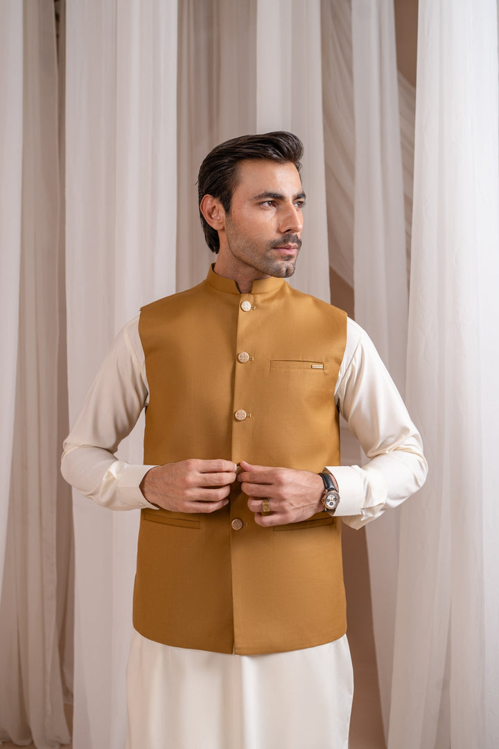 Muraqsh Ready To Wear Solids Bosky Men Bosky White Kurta Shalwar with Camel Suiting Waistcoat Straight Cut MUR-BWKSW-KT - Summer Collection