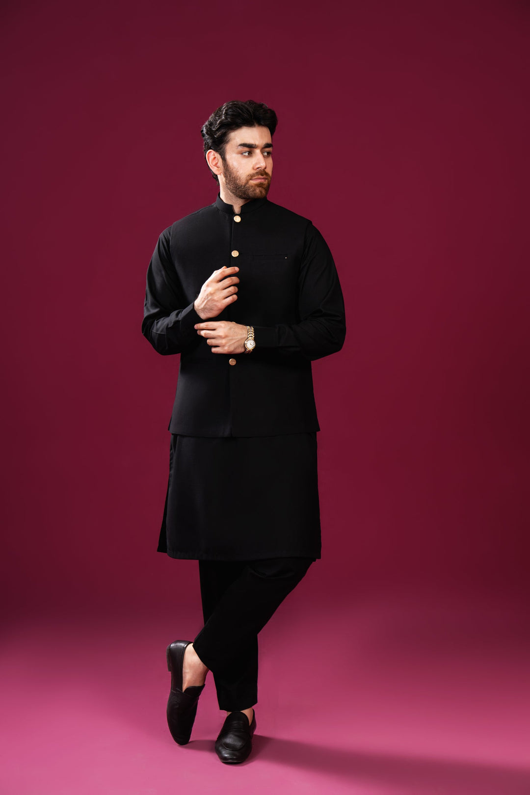 Muraqsh Ready To Wear Solids Cotton Men Black Kurta Trouser with Blended Waistcoat Straight Cut MUR-BKTWB - Summer Collection